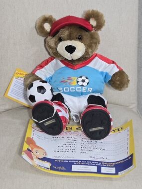 Plush  Build A Bear Soccer Bear Toy - Red, White, & Blue Soccer Outfit
